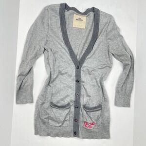 VTG Y2K Hollister Grey + Pink Sweater Cardigan Button Down Women's Size Large